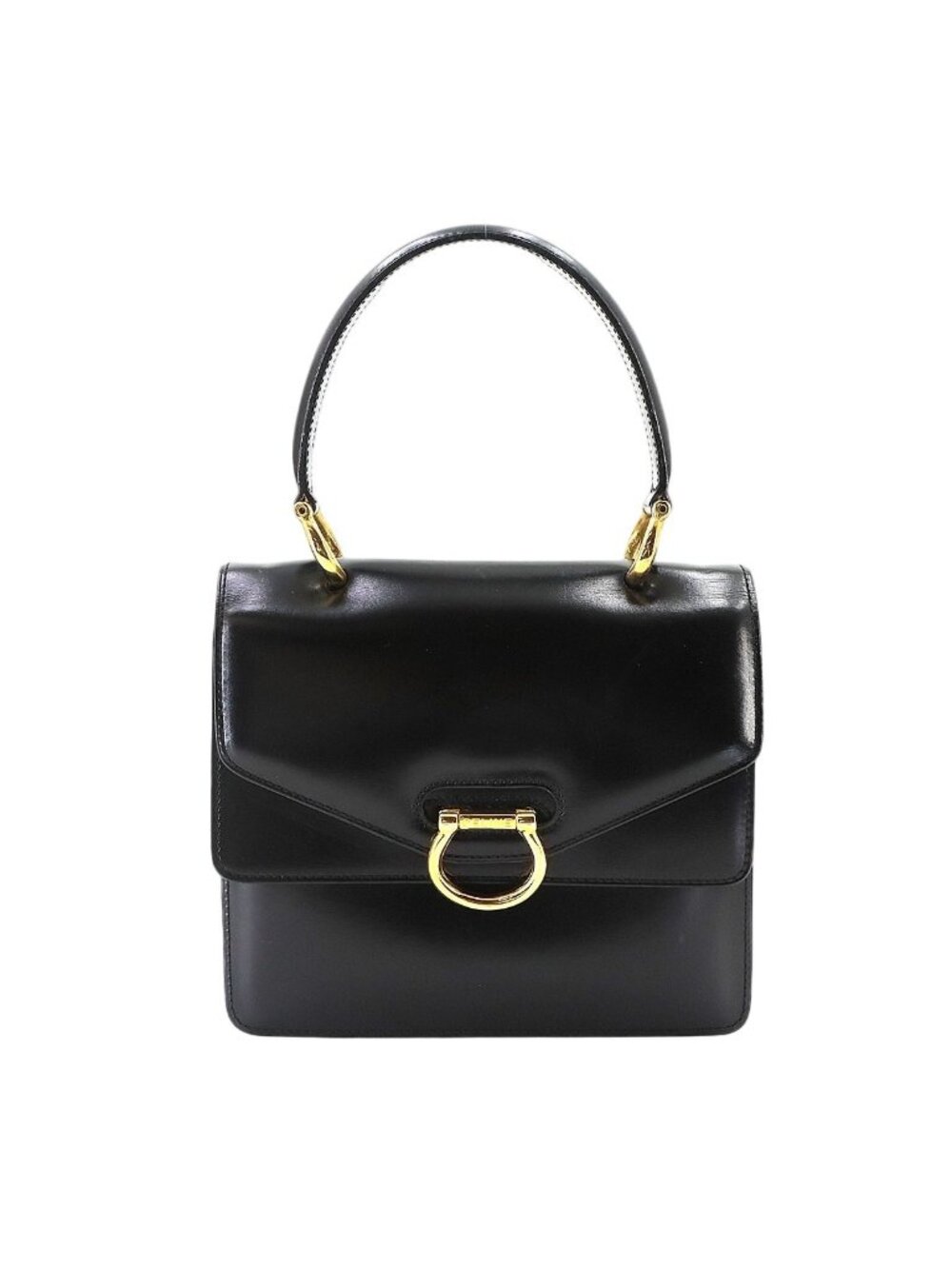 Celine Double Flap Hand Bag Leather Black Gold Vintage